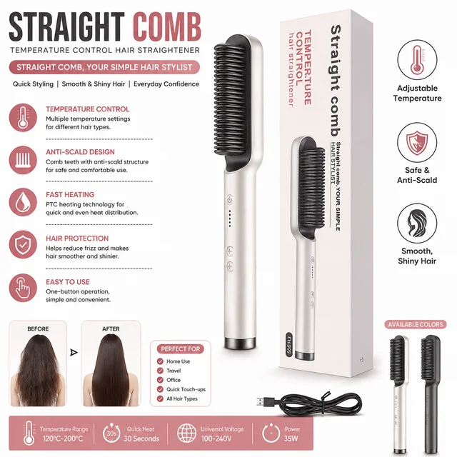 Straight Comb Hair Straightener – Temperature Control Hair Styling Comb with Adjustable Heat, Fast Heating, Anti-Scald Design & Smooth Hair Styling