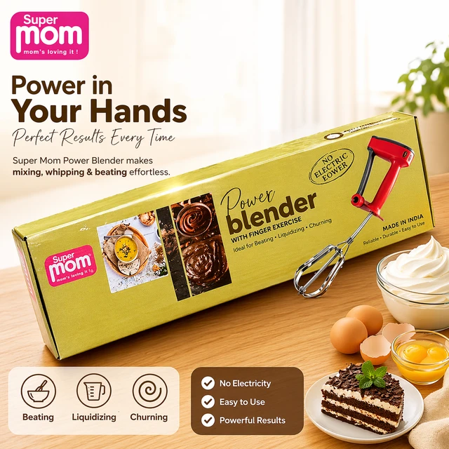 Super Mom Power Blender | Manual Hand Blender with Finger Exercise Mechanism | No Electricity Required | Multi-Purpose Beater for Mixing, Whipping & Churning | Durable & Easy to Use (Red)