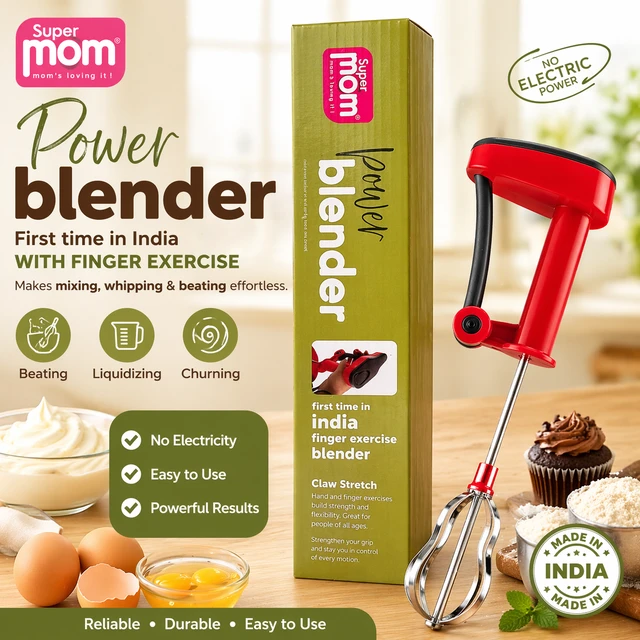 Super Mom Power Blender | Manual Hand Blender with Finger Exercise Mechanism | No Electricity Required | Multi-Purpose Beater for Mixing, Whipping & Churning | Durable & Easy to Use (Red)