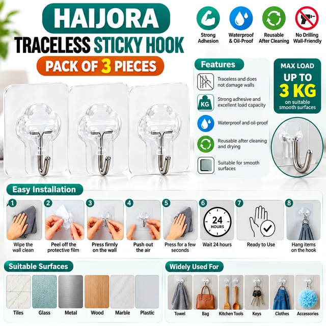 HAIJORA Traceless Sticky Hooks, Pack of 3 Pieces, Transparent Waterproof Adhesive Wall Hooks, Reusable Strong Hold Hooks for Bathroom, Kitchen, Bedroom and Home Organisation, Up to 3 kg Load Capacity