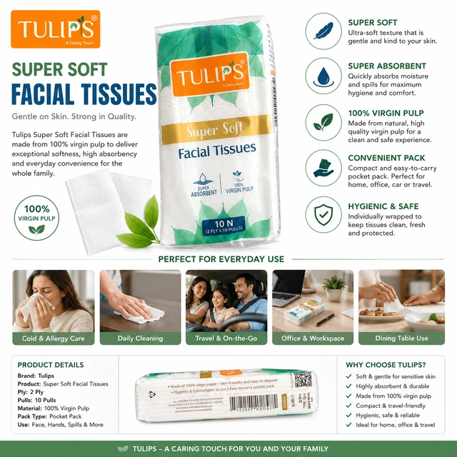 Tulips Super Soft Facial Tissues, 2 Ply, 10 Pulls Pocket Pack | Made from 100% Virgin Pulp | Super Soft & Absorbent | Hygienic Everyday Tissue for Home, Office & Travel
