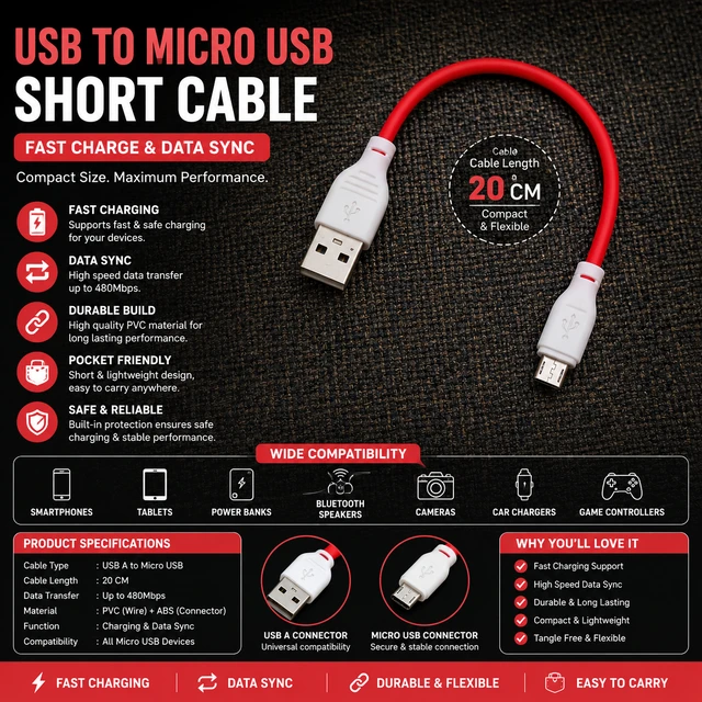 Type A USB to Micro USB Fast Charging & Data Sync Cable, 20cm Short Cable, Compact Portable Charging Cord for Power Banks, Android Smartphones, Bluetooth Speakers, Cameras & More (Red/White)