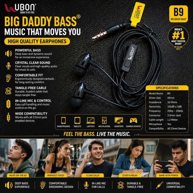 UBON B9 Big Daddy Bass Wired Earphones with Microphone 3.5mm Audio Jack In-Ear Headphones Deep Bass Stereo Sound Hands-Free Calling Tangle Resistant Cable Compatible with Smartphones, Tablets, Laptops & MP3 Players