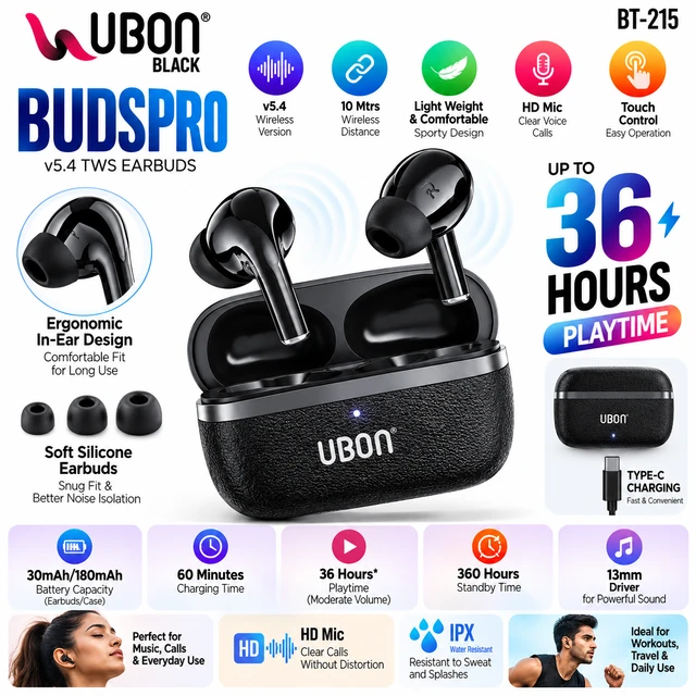 UBON BUDSPRO BT-215 TWS Wireless Earbuds with Bluetooth 5.4, 13mm Drivers, HD Mic, Touch Control, Type-C Charging & Up to 36 Hours Playtime