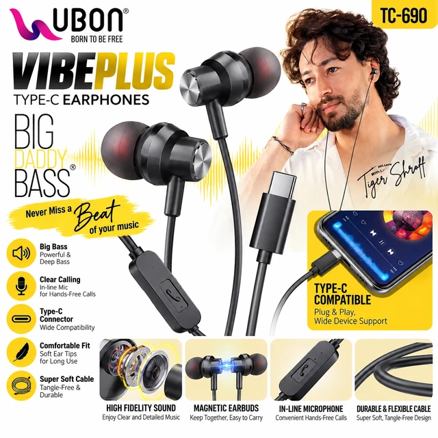 UBON VIBEPLUS TC-690 Type-C Earphones with Big Daddy Bass, High Fidelity Sound, In-Line Microphone, Magnetic Earbuds & Super Soft Cable