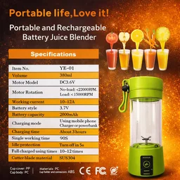 Portable Rechargeable Juice Blender ( RANDOM COLOURS ) YE-01, USB Electric Mini Juicer Cup 380ml, 2000mAh Battery, Personal Smoothie Maker with Stainless Steel Blades for Travel, Gym & Kitchen