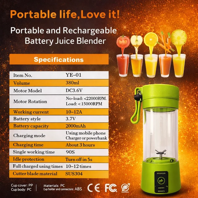 Portable Rechargeable Juice Blender ( RANDOM COLOURS ) YE-01, USB Electric Mini Juicer Cup 380ml, 2000mAh Battery, Personal Smoothie Maker with Stainless Steel Blades for Travel, Gym & Kitchen