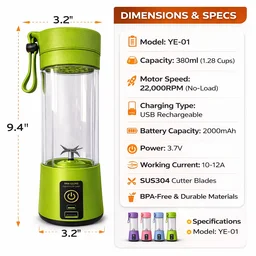 Portable Rechargeable Juice Blender ( RANDOM COLOURS ) YE-01, USB Electric Mini Juicer Cup 380ml, 2000mAh Battery, Personal Smoothie Maker with Stainless Steel Blades for Travel, Gym & Kitchen