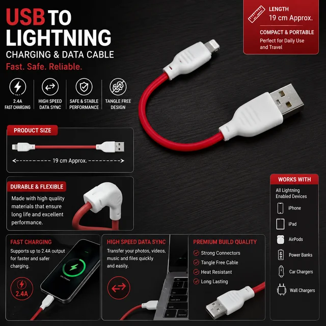 USB to Lightning Fast Charging Cable, 19cm Short Charging Cord, High-Speed Data Sync Cable for iPhone, iPad, AirPods, Power Banks & Car Charging, Tangle-Free Compact Travel Cable