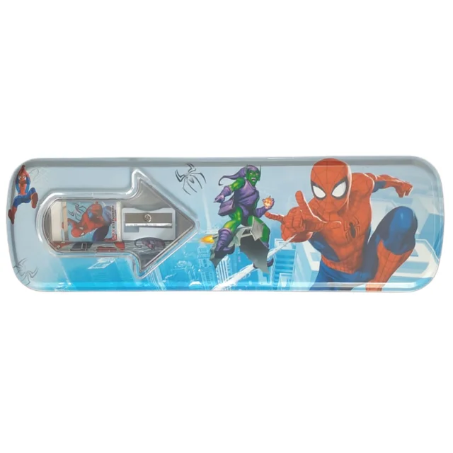 Spider Hero Metal Pencil Box for Kids with Sharpener & Eraser, pencil | Cartoon Character Tin Pencil Case | School Stationery Organizer for Boys & Girls