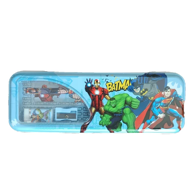 Kids Superhero Metal Pencil Box with Built-in Sharpener & Eraser,Pencil| Durable Tin Pencil Case for School | Cartoon Character Stationery Storage Box for Boys & Girls