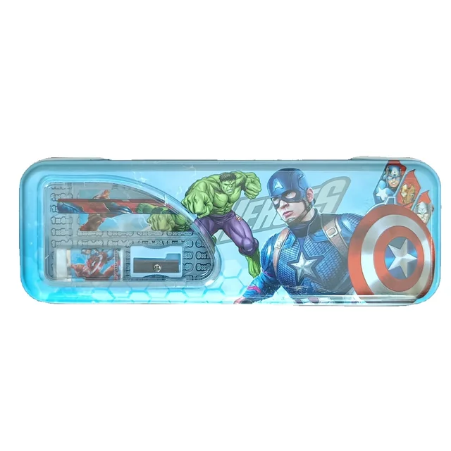 Superhero Metal Pencil Box with Built-in Stationery Set | Cartoon Character Storage Case for Kids | Pencil Case with Sharpener, Eraser & Scale, pencil | School Supplies Organizer for kids