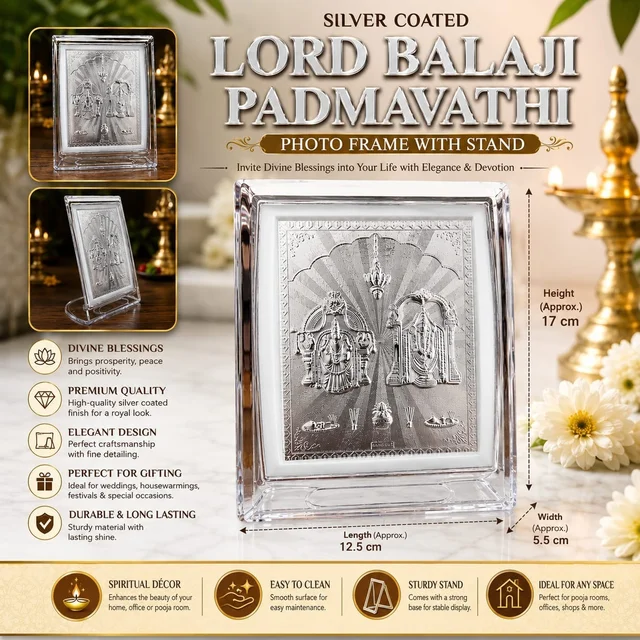 Silver Coated Lord Balaji & Padmavathi Photo Frame with Stand | Premium Decorative Divine Frame for Home Temple, Office Desk & Pooja Room | Ideal Gift for Housewarming, Festivals & Religious Occasions /70