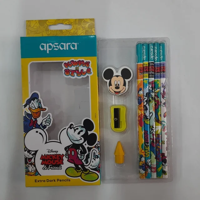 Apsara Disney Mickey Mouse & Friends 10 Extra Dark Pencil Set with Eraser, Sharpener & Pencil Topper | Premium Writing Kit for Kids | School Stationery Gift Pack /60