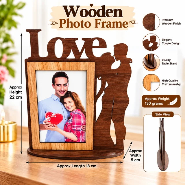 Wooden Photo Frame for Couples – Elegant Love Design Tabletop Photo Stand for Romantic Memories, Anniversary, Wedding, Valentine’s Day and