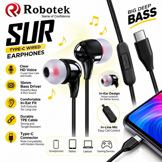 Robotek SUR Type-C Wired Earphones – Big Deep Bass with Clear HD Voice & Comfortable In-Ear Fit