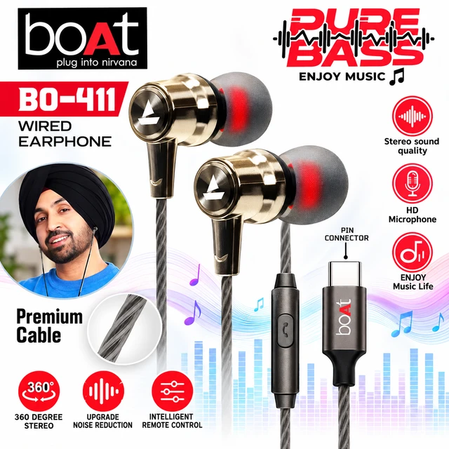 BO-411 Pure Bass Wired Tpe-C Earphones with Stereo Sound, HD Microphone, Premium Cable & Intelligent Remote Control