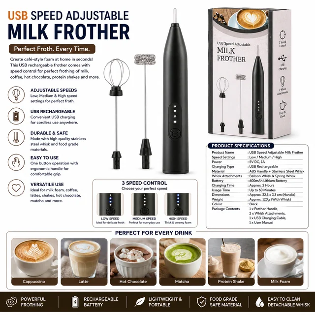 USB Speed Adjustable Milk Frother with 2 Whisk Attachments | 3-Speed Handheld Electric Milk Frother for Coffee, Cappuccino, Latte, Hot Chocolate & Shakes | Rechargeable Portable Coffee Frother