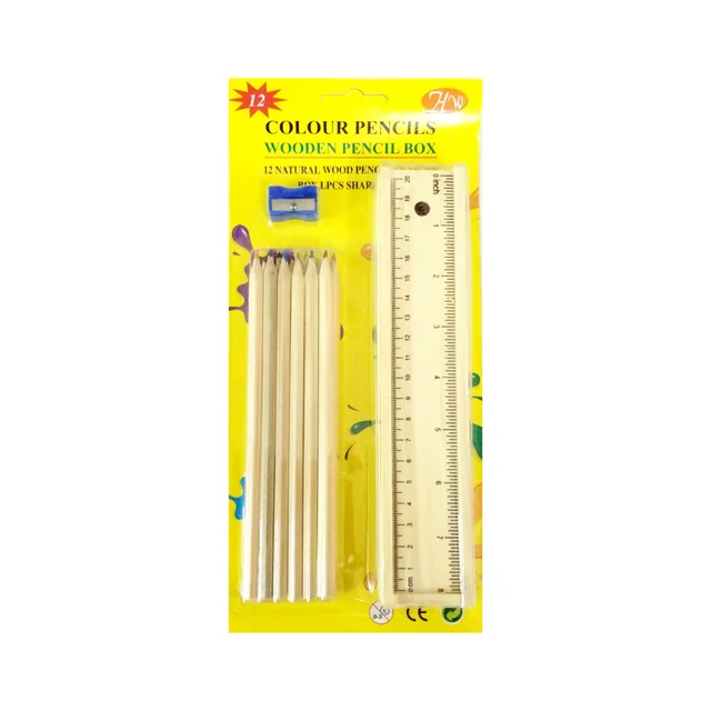 Wooden Color Pencil Box with 12 Colour Pencils, Sharpener and Ruler