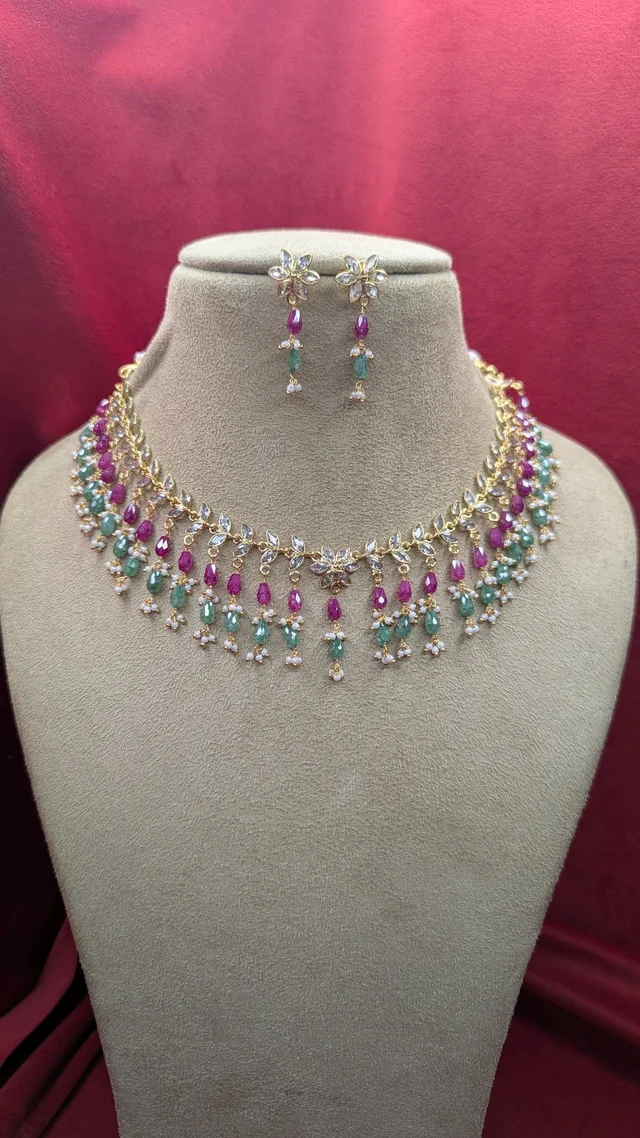 real gold look polki set with real beads (11681)