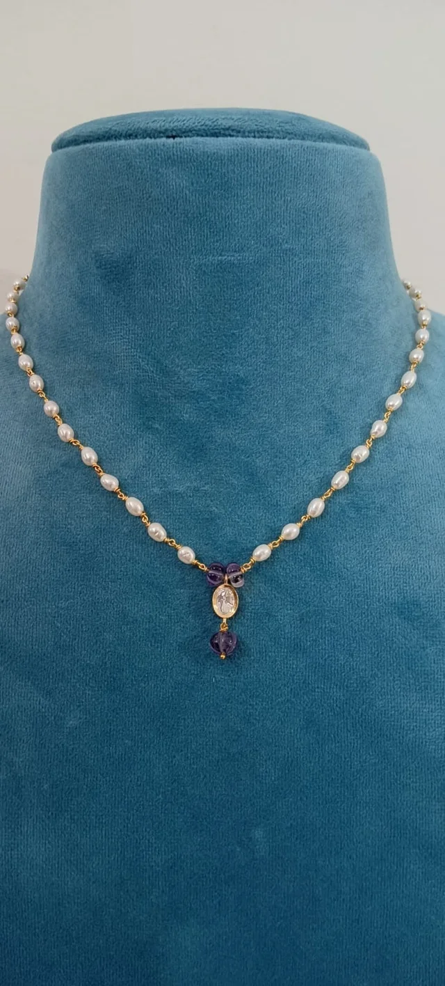 Real pearls with real amythest and mossanite pendant (11684)