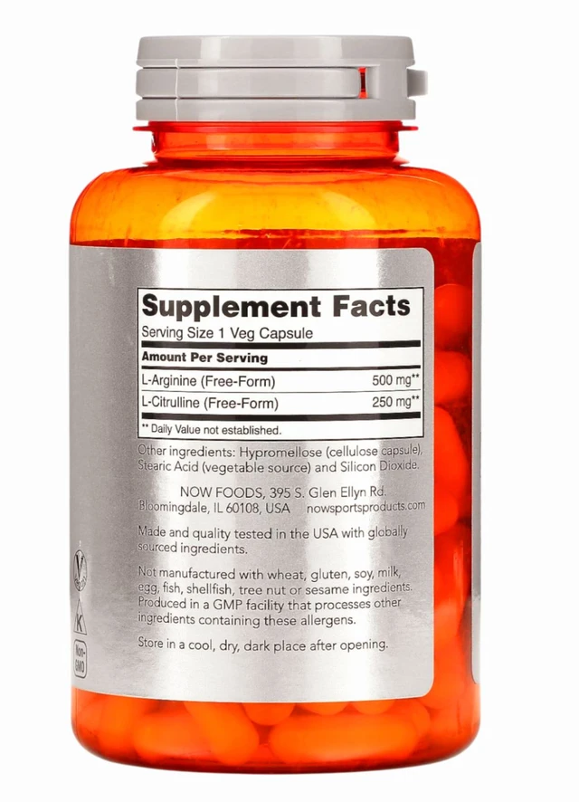 NOW Sports Arginine & Citrulline 500mg/250mg - 120 Veg Capsules