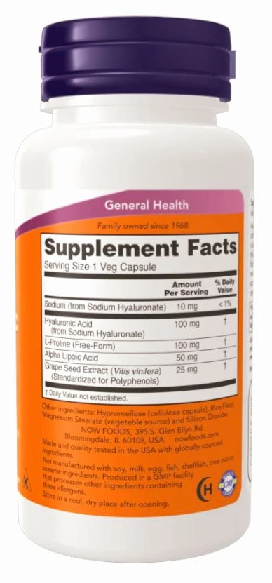 Now Hyaluronic Acid, Double Strength 100 mg - 120 Veg Capsules