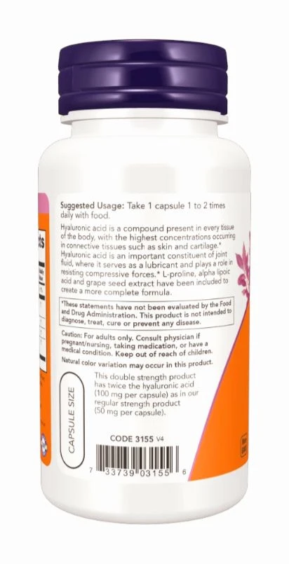 Now Hyaluronic Acid, Double Strength 100 mg - 120 Veg Capsules