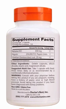 Doctor's Best Betaine Hcl Pepsin & Gentian Bitters (Support Digestive Health) - 120 Caps 100 grams