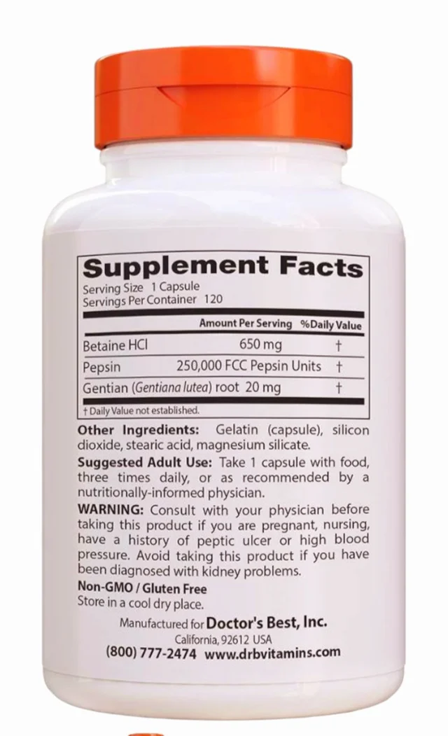 Doctor's Best Betaine Hcl Pepsin & Gentian Bitters (Support Digestive Health) - 120 Caps 100 grams