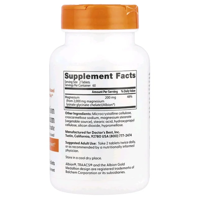 Doctor's Best High Absorption Magnesium Lycinate Glycinate 200mg - 120 Tablets