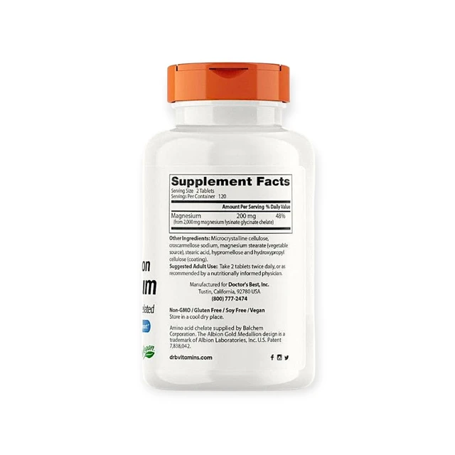 Doctor's Best High Absorption Magnesium Lycinate Glycinate 200mg - 240 Tablets