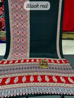 Celebrity Manasi Naik Inspired Red & Black Ajrakh Mirror Work Saree | Celebrity Inspired Designer Saree - Free