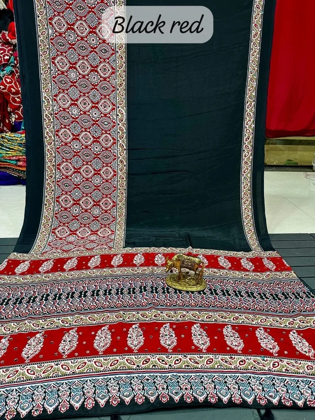 Celebrity Manasi Naik Inspired Red & Black Ajrakh Mirror Work Saree | Celebrity Inspired Designer Saree - Free