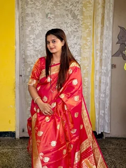Diksha Desale Inspired Royal Banarasi Glass Satin Silk Saree - FREE, Cherry Red