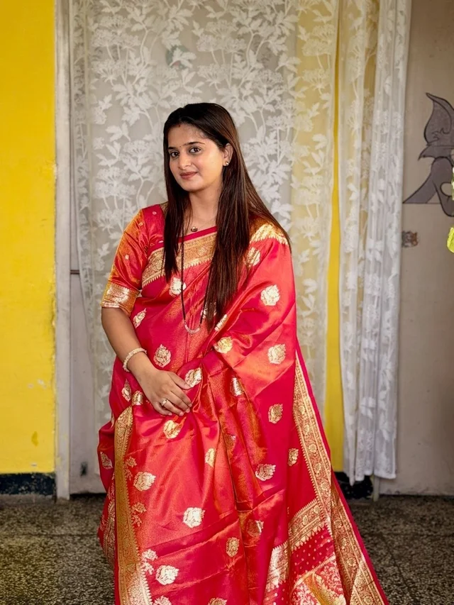 Diksha Desale Inspired Royal Banarasi Glass Satin Silk Saree - FREE, Cherry Red