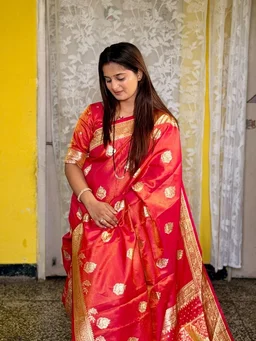 Diksha Desale Inspired Royal Banarasi Glass Satin Silk Saree - FREE, Cherry Red