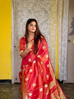 Diksha Desale Inspired Royal Banarasi Glass Satin Silk Saree - FREE, Cherry Red