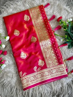 Diksha Desale Inspired Royal Banarasi Glass Satin Silk Saree - FREE, Cherry Red