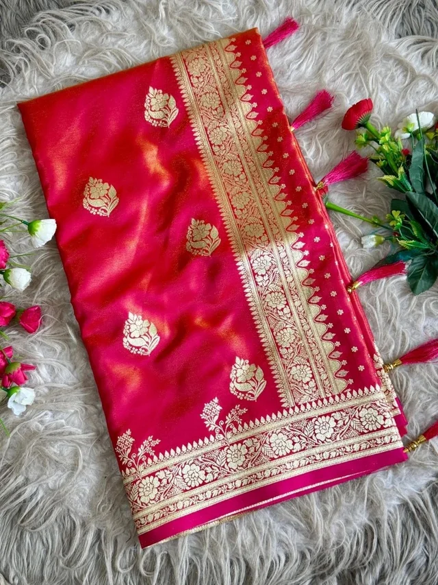 Diksha Desale Inspired Royal Banarasi Glass Satin Silk Saree - FREE, Cherry Red