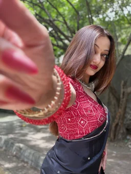 Celebrity Manasi Naik Inspired Red & Black Ajrakh Mirror Work Saree | Celebrity Inspired Designer Saree - Free