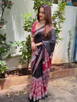 Celebrity Manasi Naik Inspired Red & Black Ajrakh Mirror Work Saree | Celebrity Inspired Designer Saree - Free