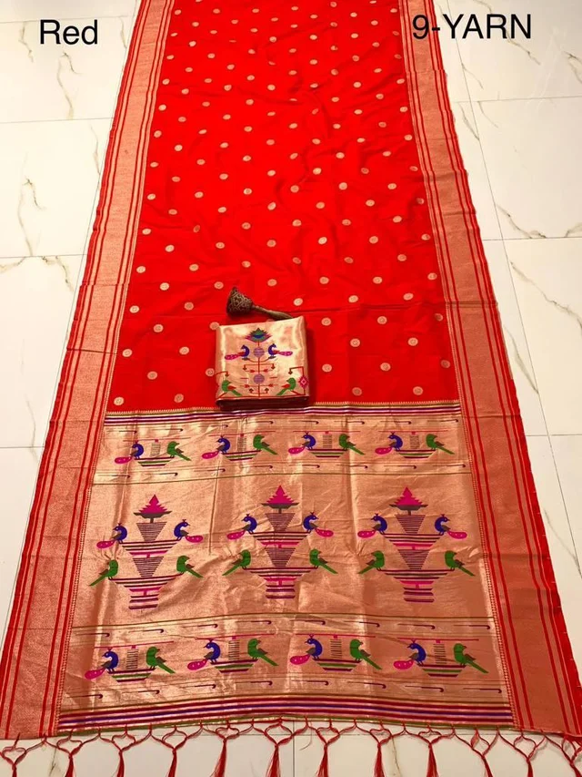 "9 Yard Pure Kanchivaram Pathani Silk Saree � Original Zari, Peacock Design, Minakari Border & Brocket Blouse"