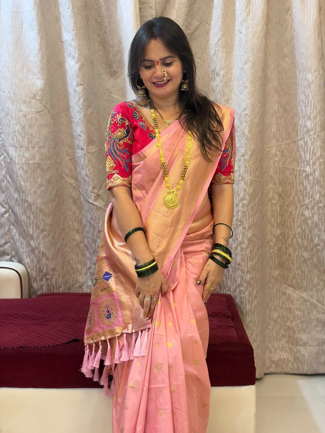 Jyotsna Inspired Aari Work Kalanjali Soft Silk Paithani Saree � Heavy Meenakari Pallu & Zari Border - FREE, Baby Pink