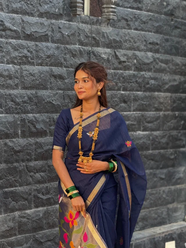 Vaishnavi Auti's Exclusive Linen Jamdani Collection - FREE, Navy Blue