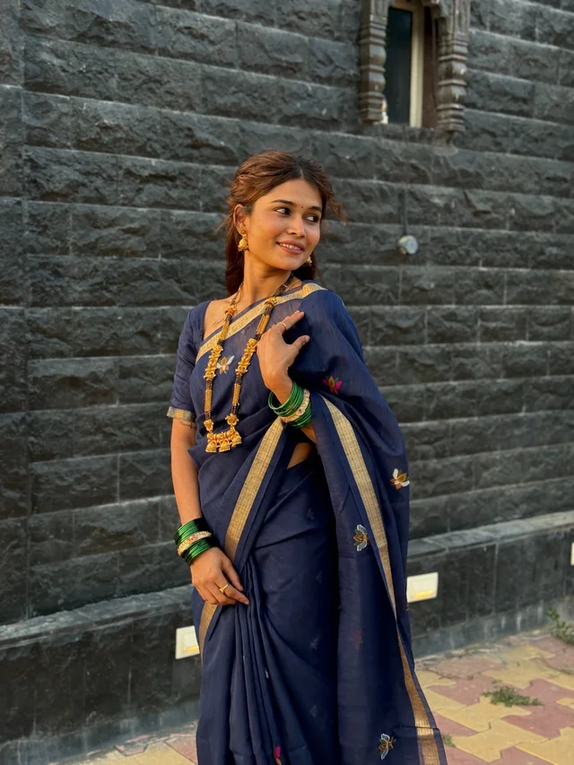 Vaishnavi Auti's Exclusive Linen Jamdani Collection - FREE, Navy Blue