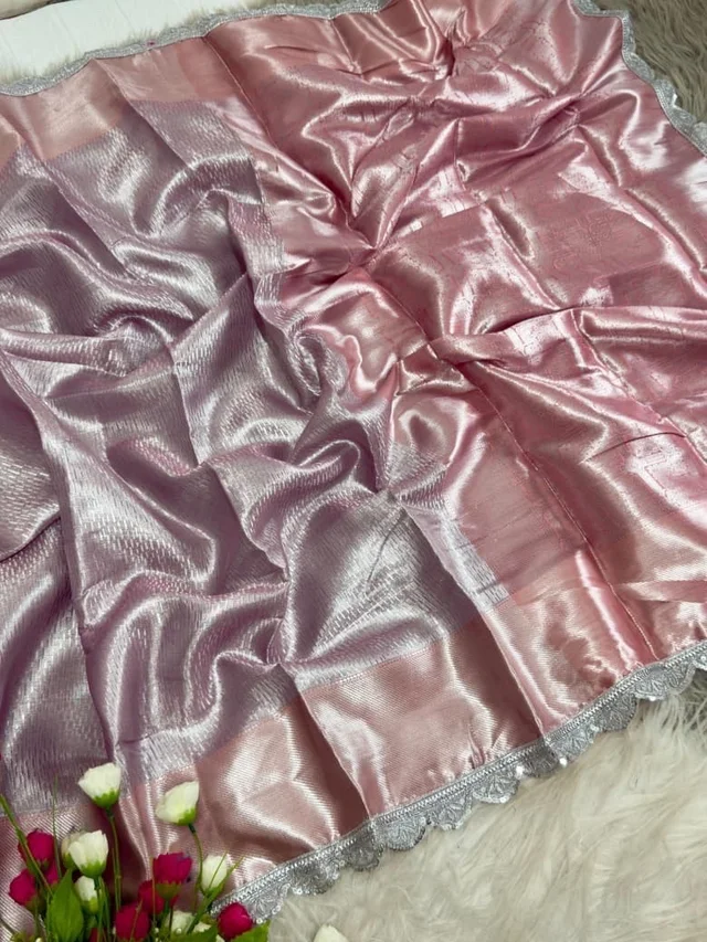 Pastel Pink Banarasi Tissue Silk Saree with Silver Shine & Designer Lace Border | VV
- Free