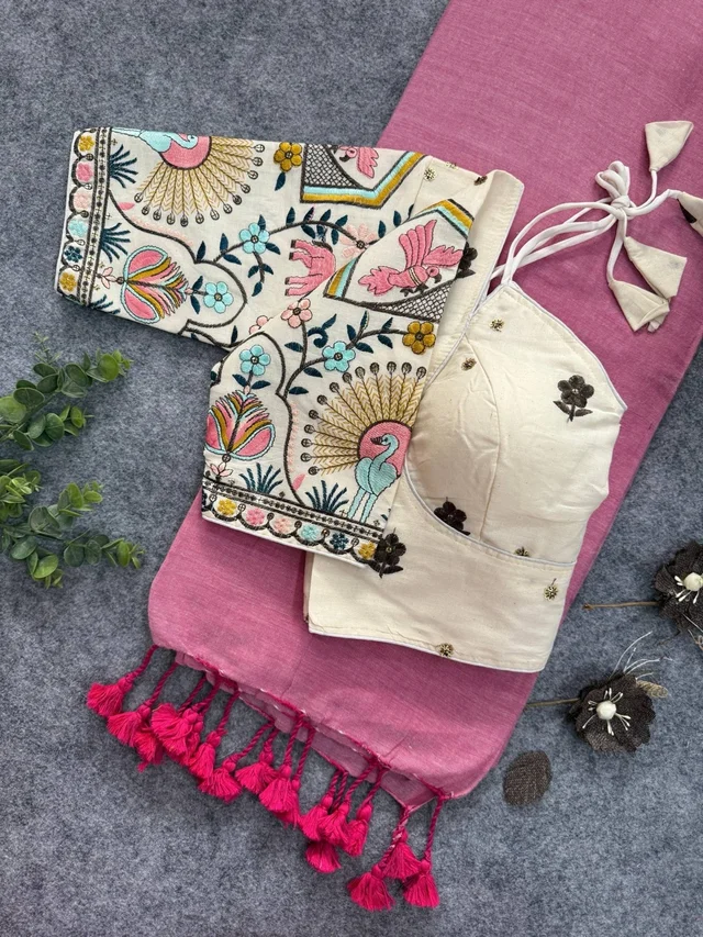 Khadi Cotton Saree with Contrast Pink Pallu & Heavy Embroidered Blouse – CF-147