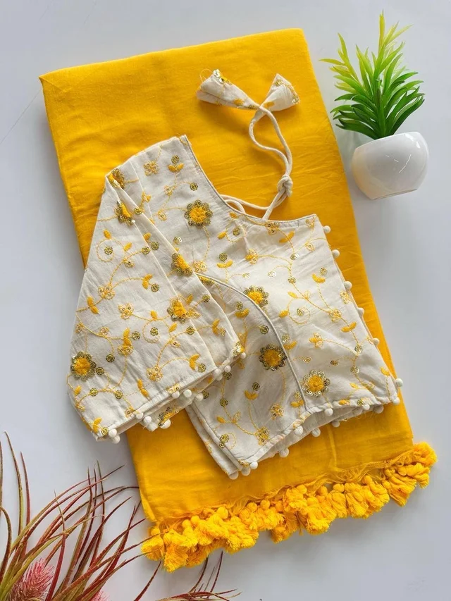 Khadi Cotton Saree | Embroidered Padded Blouse (CF-191)