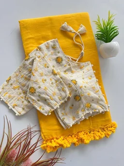 Khadi Cotton Saree | Embroidered Padded Blouse (CF-191) - Yellow